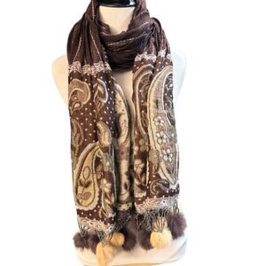 Boho Spanish Paisley Knit Scarf with Rabbit Fur Pom Poms – Brown / Tan – 62”